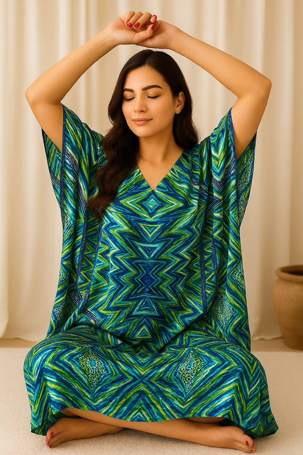 Emerald Blue Geometric Printed Kaftan