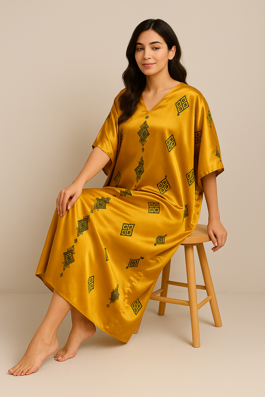 Golden Mustard Satin Kaftan with Tribal Motifs