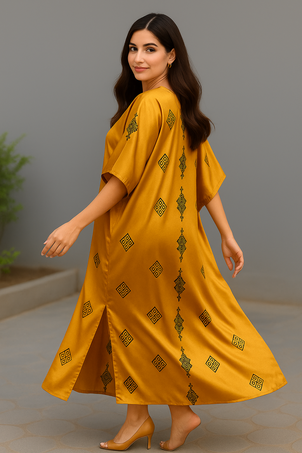 Golden Mustard Satin Kaftan with Tribal Motifs