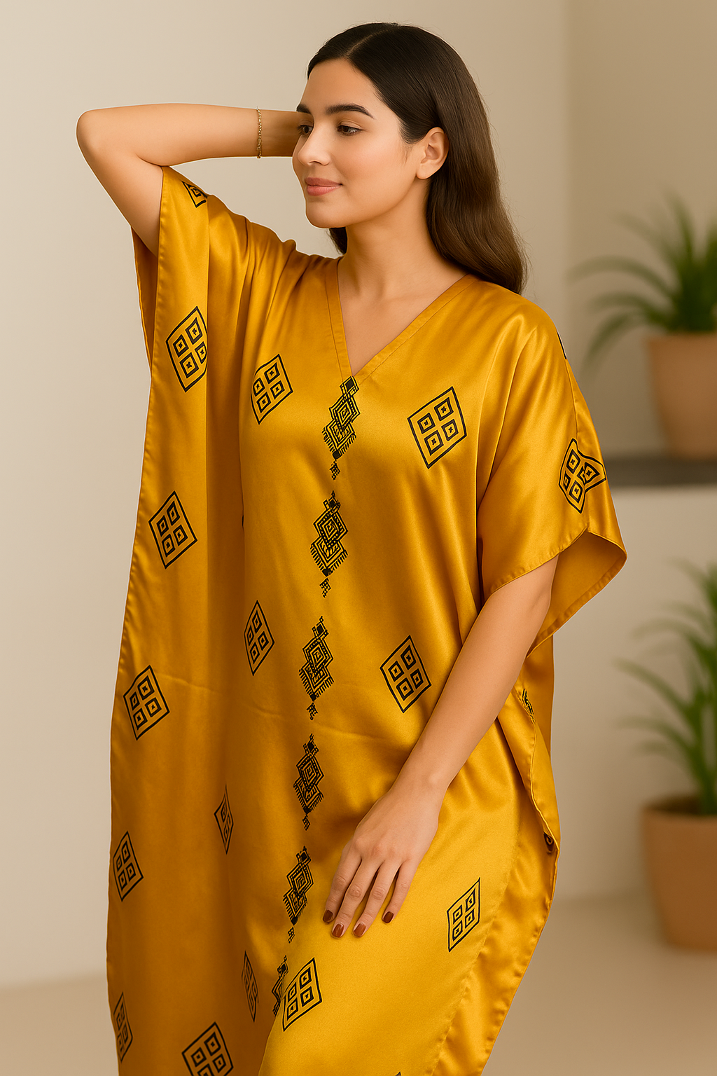 Golden Mustard Satin Kaftan with Tribal Motifs